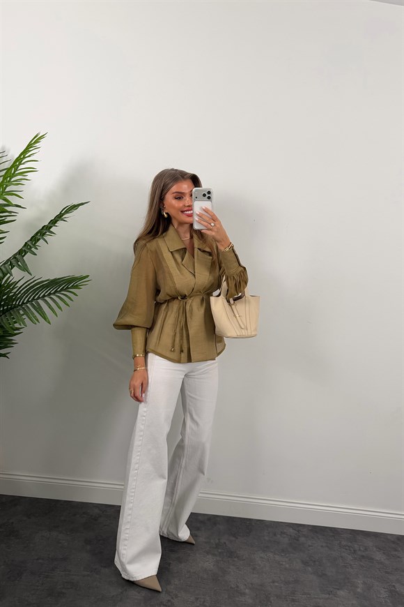 Premium Seri Vatkalı Kruvaze Tensel Bluz Olive