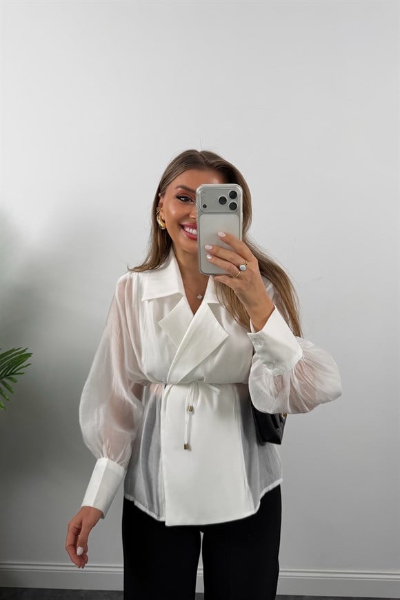 Premium Seri Vatkalı Kruvaze Tensel Bluz Beyaz