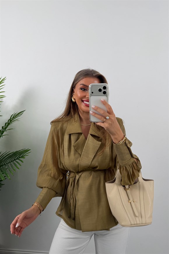 Premium Seri Vatkalı Kruvaze Tensel Bluz Olive