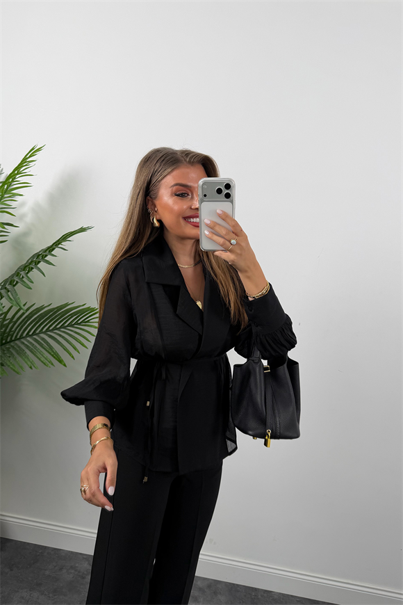 Premium Seri Vatkalı Kruvaze Tensel Bluz Siyah