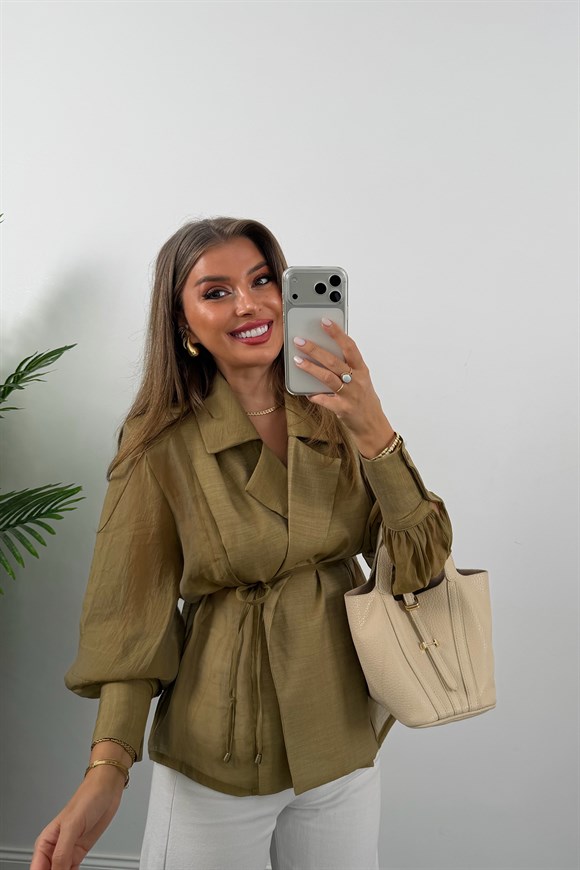 Premium Seri Vatkalı Kruvaze Tensel Bluz Olive