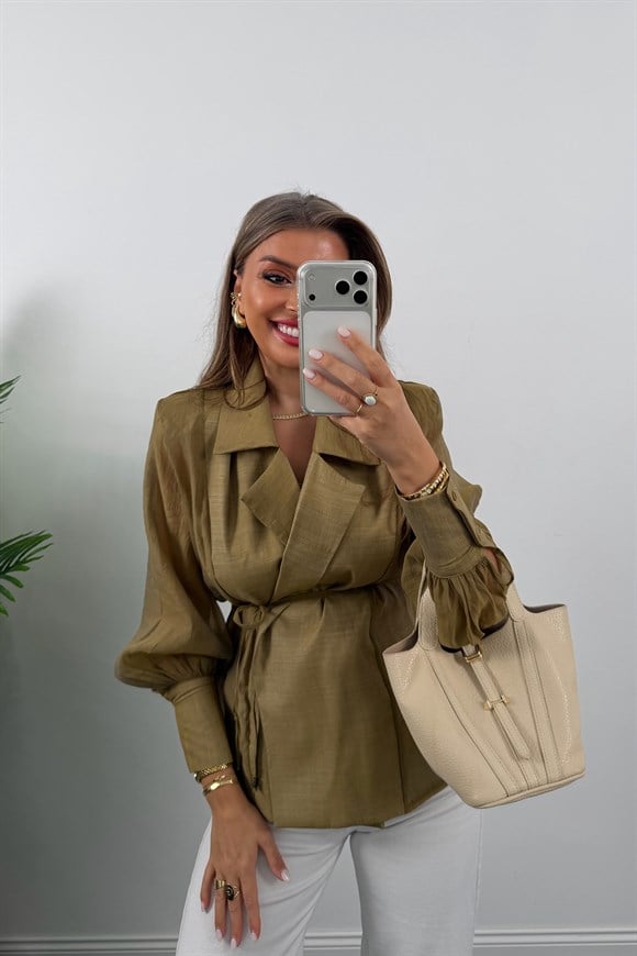 Premium Seri Vatkalı Kruvaze Tensel Bluz Olive