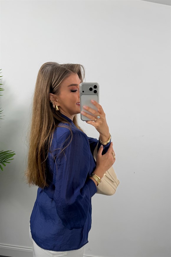 Premium Seri Vatkalı Kruvaze Tensel Bluz Lacivert