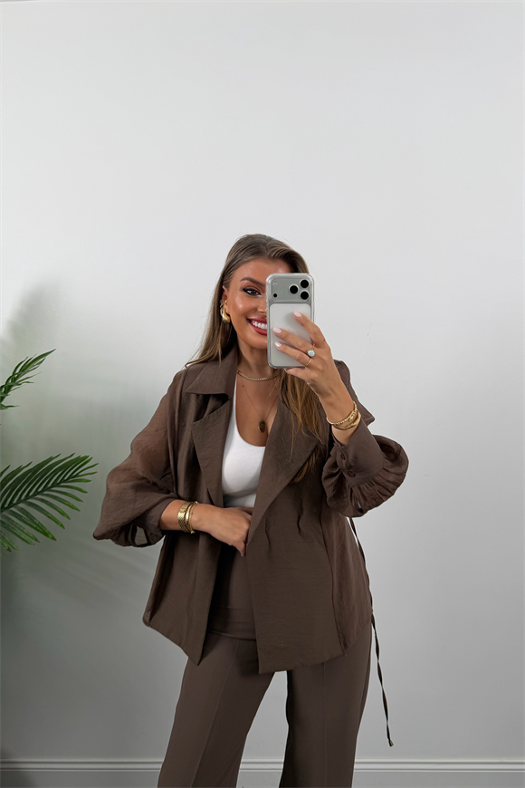 Premium Seri Vatkalı Kruvaze Tensel Bluz Kahverengi