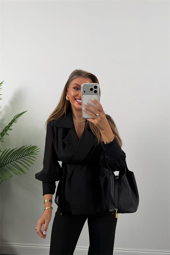 Premium Seri Vatkalı Kruvaze Tensel Bluz Siyah