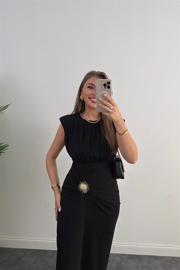 Premium Seri Vatkalı Likralı Gold Aksesuarlı Midi Elbise