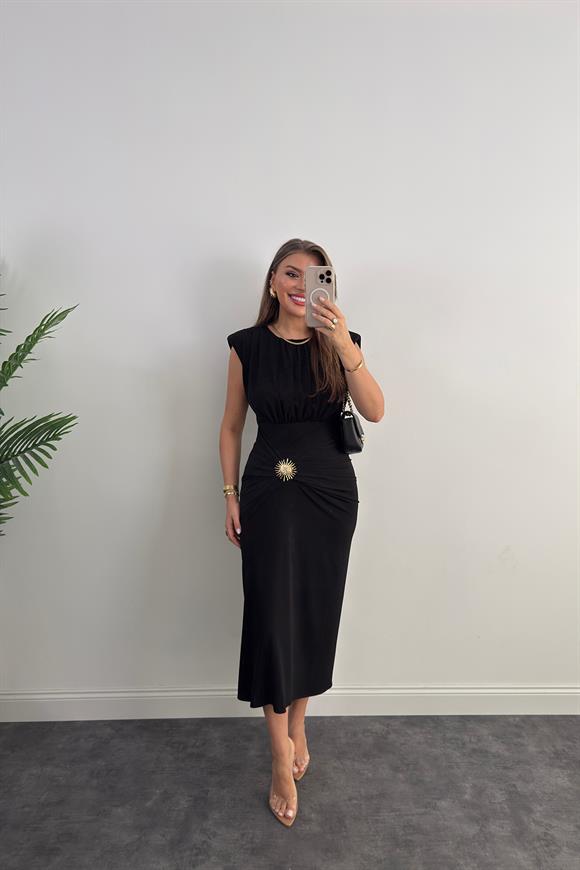 Premium Seri Vatkalı Likralı Gold Aksesuarlı Midi Elbise