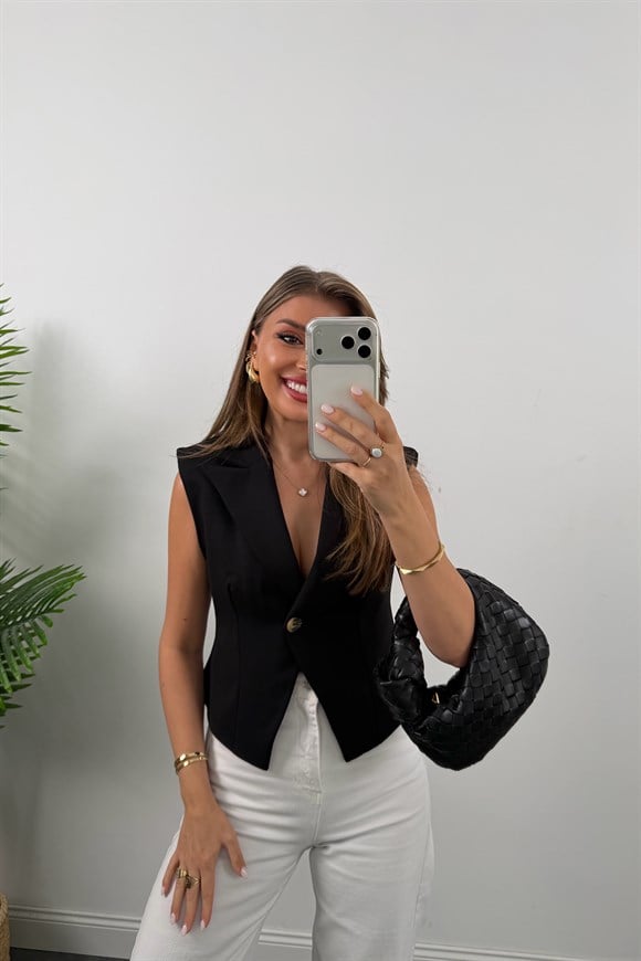 Premium Seri Vatkalı Tek Düğme Yelek Siyah