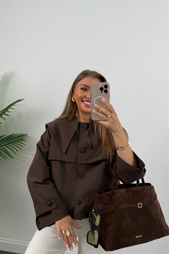 Premium Seri Yaka Detaylı Kısa Trençkot Acı Kahve