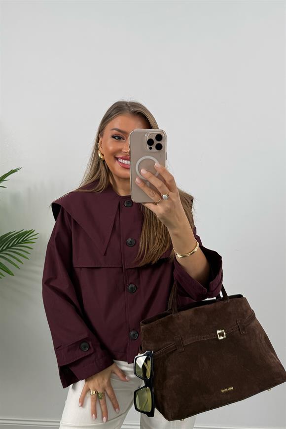 Premium Seri Yaka Detaylı Kısa Trençkot Bordo