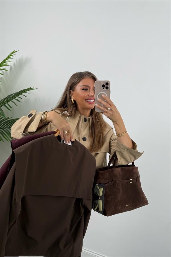 Premium Seri Yaka Detaylı Kısa Trençkot Acı Kahve