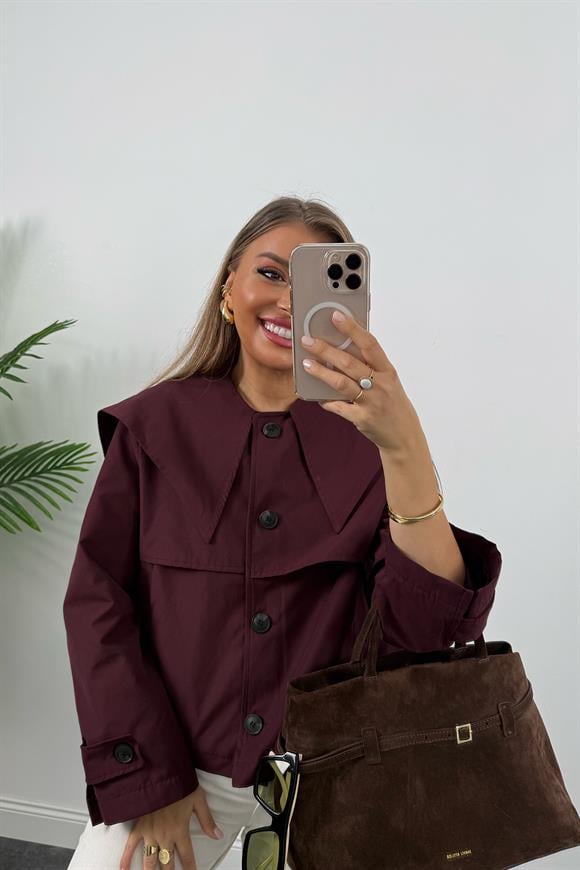Premium Seri Yaka Detaylı Kısa Trençkot Bordo
