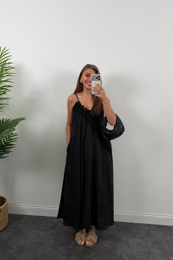Premium Seri Yakası Dantelli Maxi Tensel Elbise Siyah