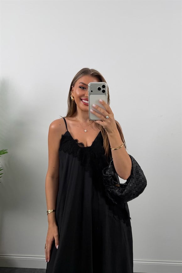 Premium Seri Yakası Dantelli Maxi Tensel Elbise Siyah