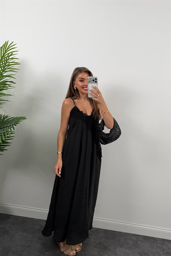 Premium Seri Yakası Dantelli Maxi Tensel Elbise Siyah