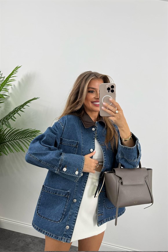 Premium Seri Yakası Deri Tasarım Jean Ceket 