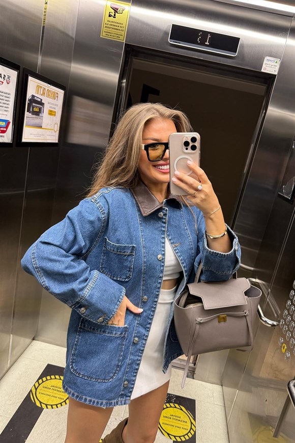 Premium Seri Yakası Deri Tasarım Jean Ceket 