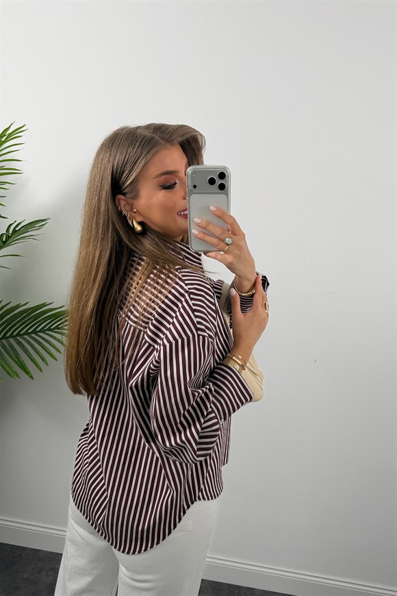 Premium Seri Yakası Patlı Çizgili Gömlek Bordo