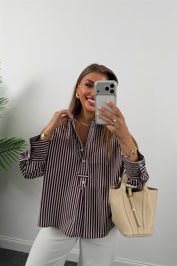 Premium Seri Yakası Patlı Çizgili Gömlek Bordo