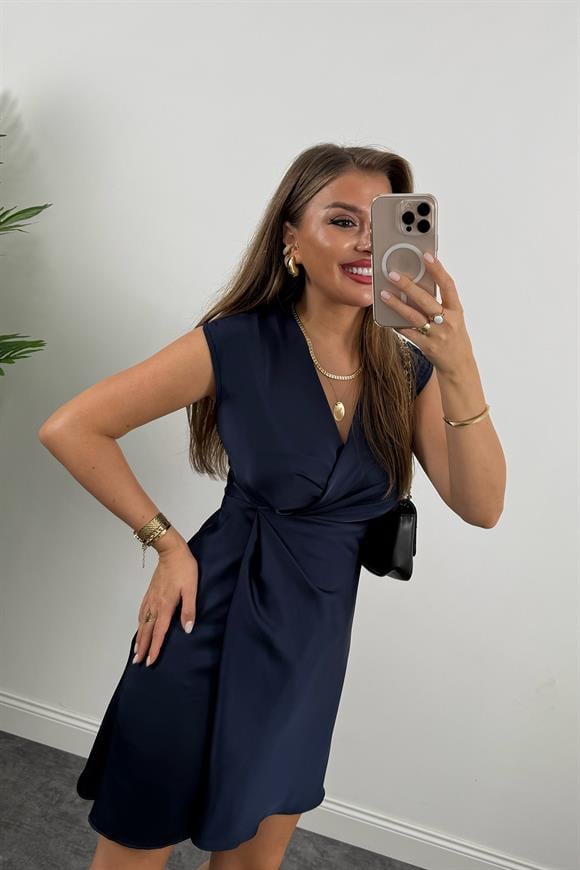 Premium Seri Yandan Drapeli Kruvaze Elbise Lacivert
