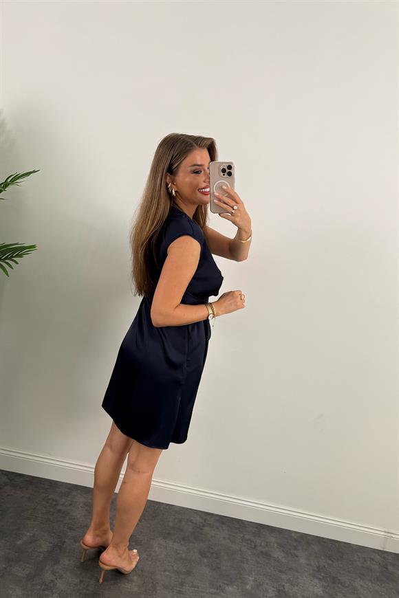 Premium Seri Yandan Drapeli Kruvaze Elbise Lacivert