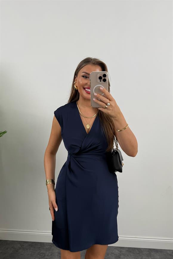 Premium Seri Yandan Drapeli Kruvaze Elbise Lacivert