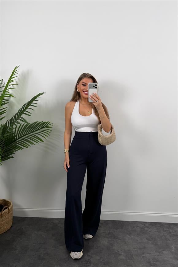 Premium Seri Yanı Pileli Likralı Çelik Palazzo Pantolon Lacivert