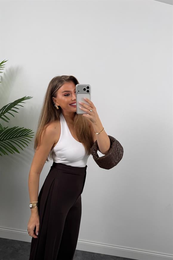 Premium Seri Yanı Pileli Likralı Çelik Palazzo Pantolon Acı Kahve