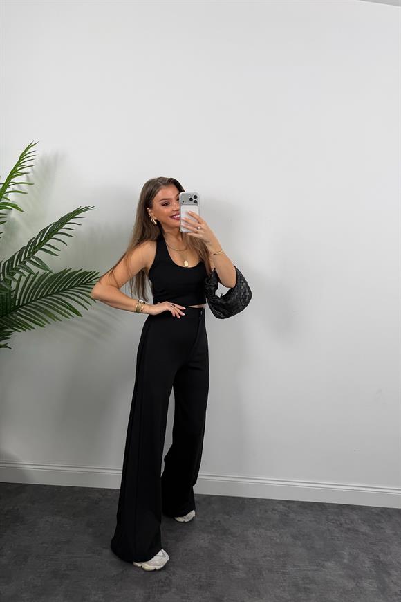 Premium Seri Yanı Pileli Likralı Çelik Palazzo Pantolon Siyah