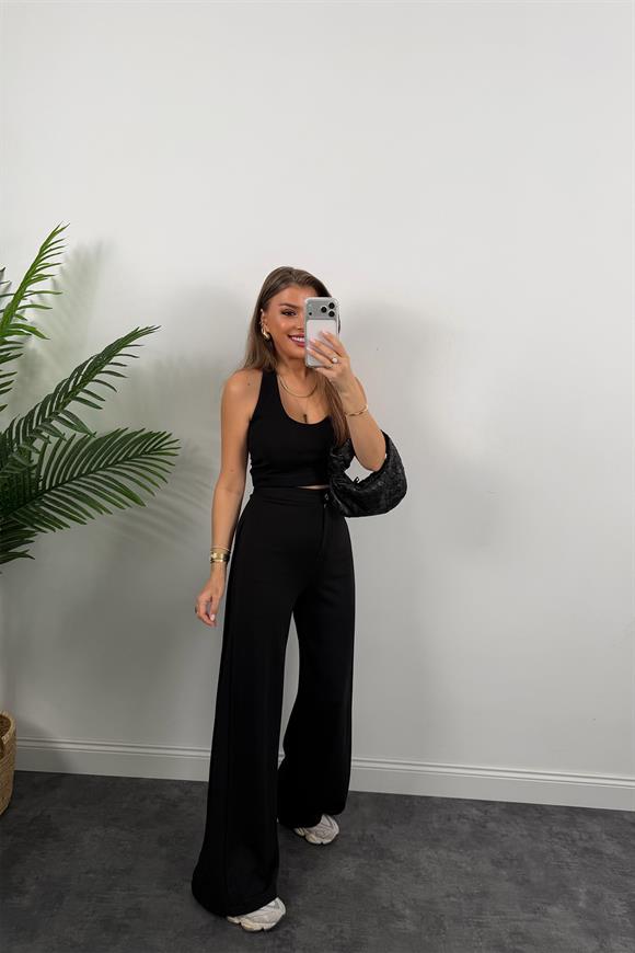 Premium Seri Yanı Pileli Likralı Çelik Palazzo Pantolon Siyah