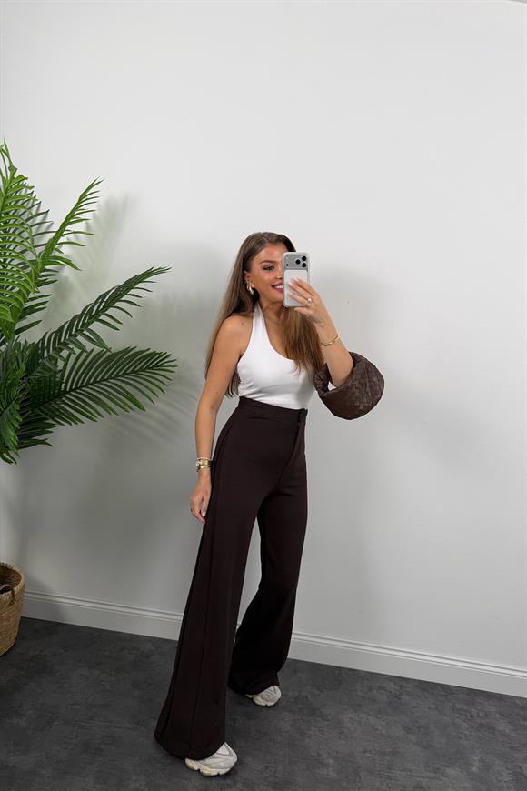 Premium Seri Yanı Pileli Likralı Çelik Palazzo Pantolon Acı Kahve