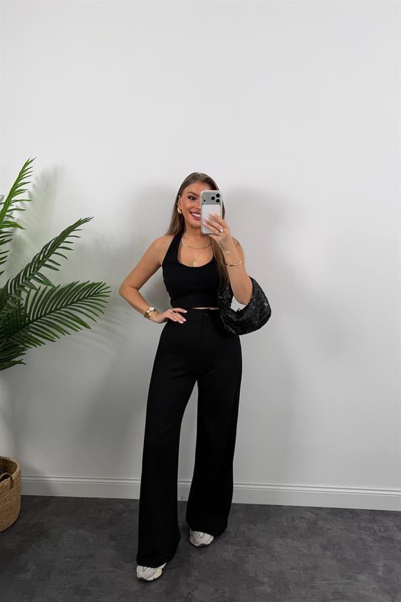 Premium Seri Yanı Pileli Likralı Çelik Palazzo Pantolon Siyah