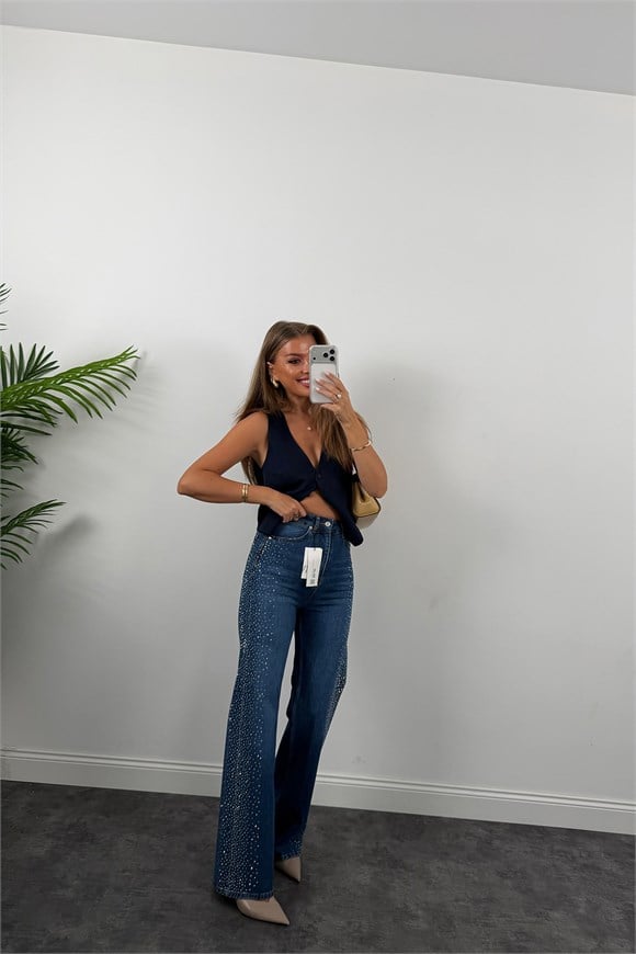 Premium Seri Yanı Taşlı Tasarım Palazzo Jean 1020 Mavi