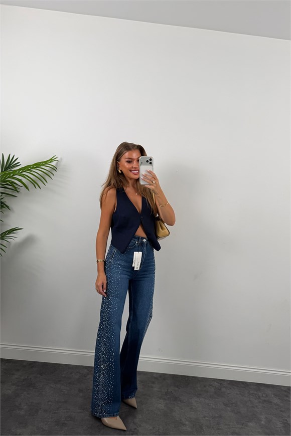 Premium Seri Yanı Taşlı Tasarım Palazzo Jean 1020 Mavi