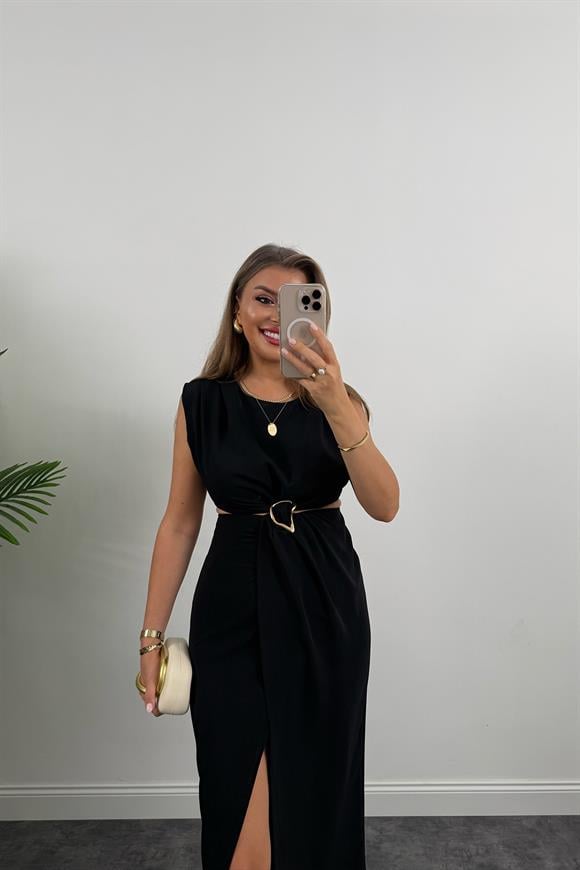 Premium Seri Yanları Dekolteli Gold Aksesuarlı Midi Elbise Siyah