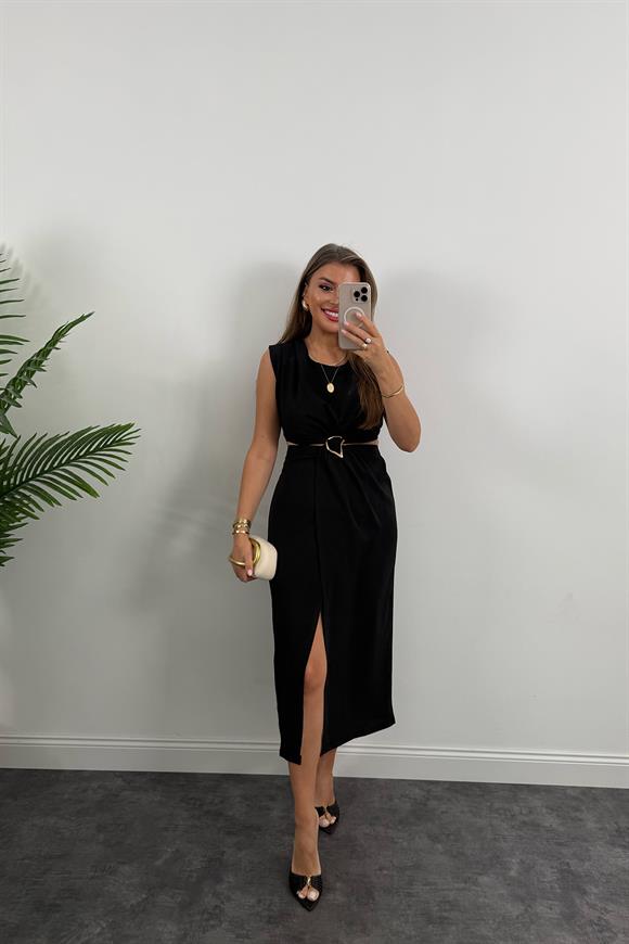 Premium Seri Yanları Dekolteli Gold Aksesuarlı Midi Elbise Siyah