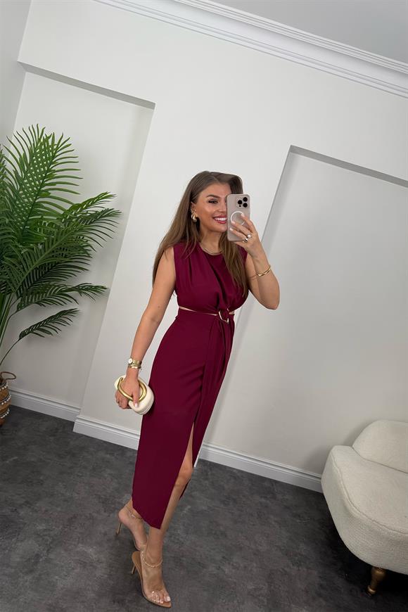 Premium Seri Yanları Dekolteli Gold Aksesuarlı Midi Elbise Bordo