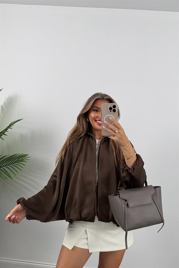 Premium Seri Yarasa Kol Tasarım Saten Bomber Ceket Acı Kahve