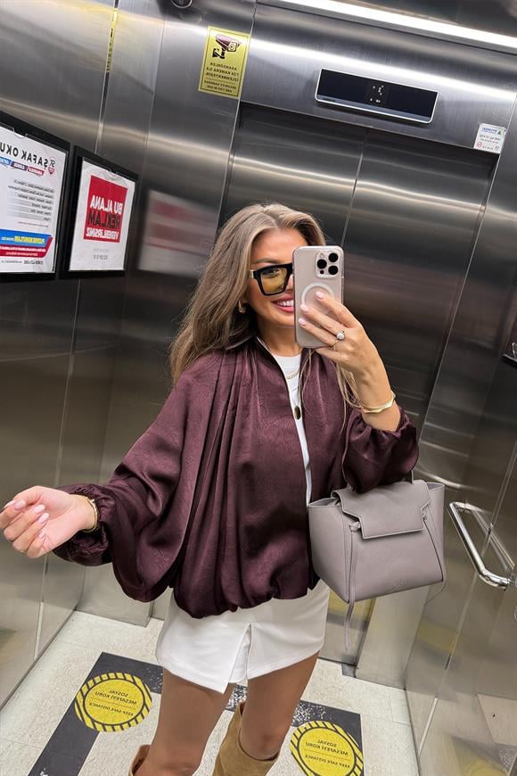 Premium Seri Yarasa Kol Tasarım Saten Bomber Ceket Mürdüm