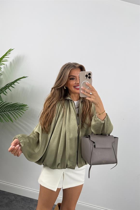 Premium Seri Yarasa Kol Tasarım Saten Bomber Ceket Haki