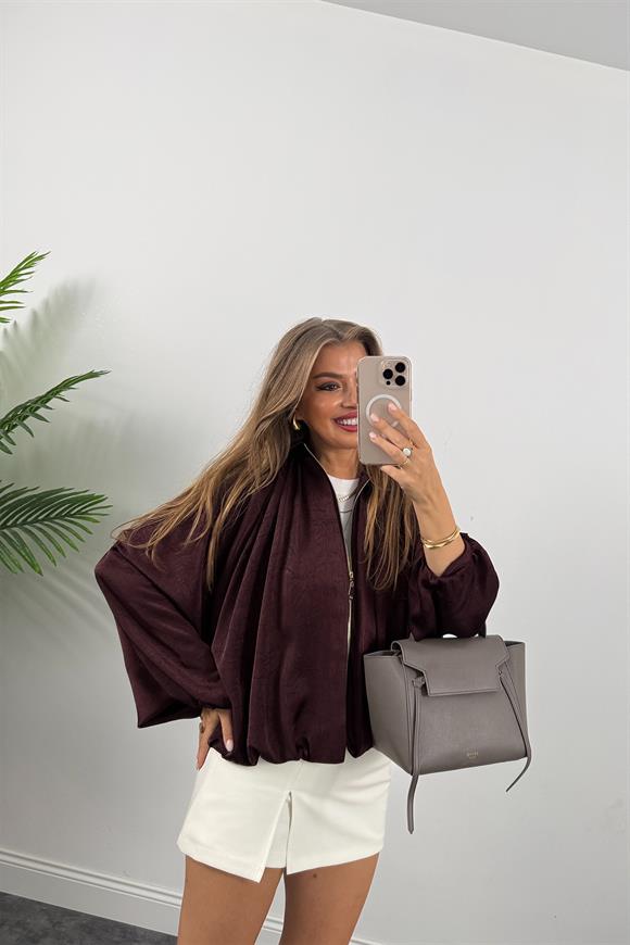 Premium Seri Yarasa Kol Tasarım Saten Bomber Ceket Mürdüm