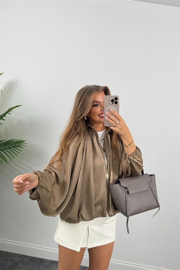 Premium Seri Yarasa Kol Tasarım Saten Bomber Ceket Vizon