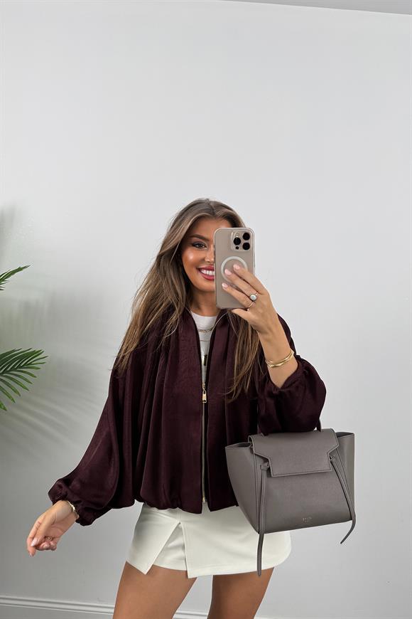 Premium Seri Yarasa Kol Tasarım Saten Bomber Ceket Mürdüm