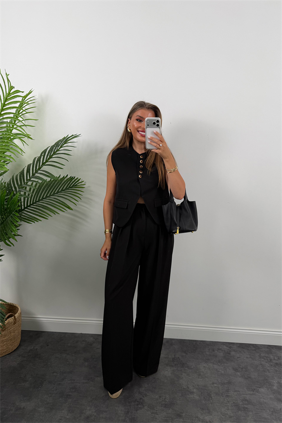 Premium Seri Yelek Palazzo 5 Düğmeli Poliviskon Takım Siyah