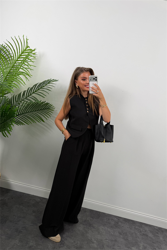 Premium Seri Yelek Palazzo 5 Düğmeli Poliviskon Takım Siyah