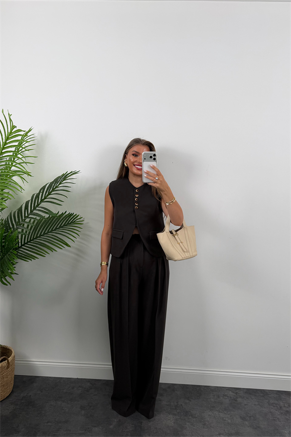 Premium Seri Yelek Palazzo 5 Düğmeli Poliviskon Takım Koyu Kahve