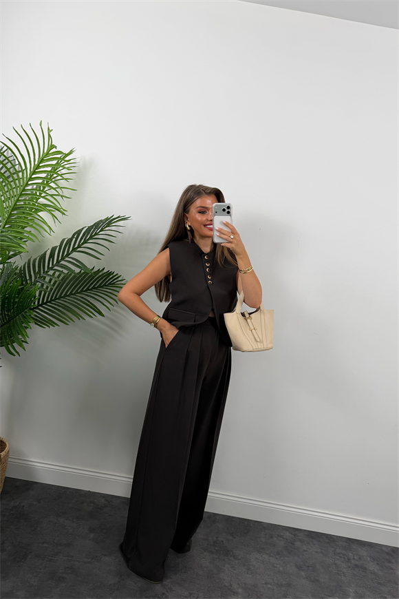 Premium Seri Yelek Palazzo 5 Düğmeli Poliviskon Takım Koyu Kahve