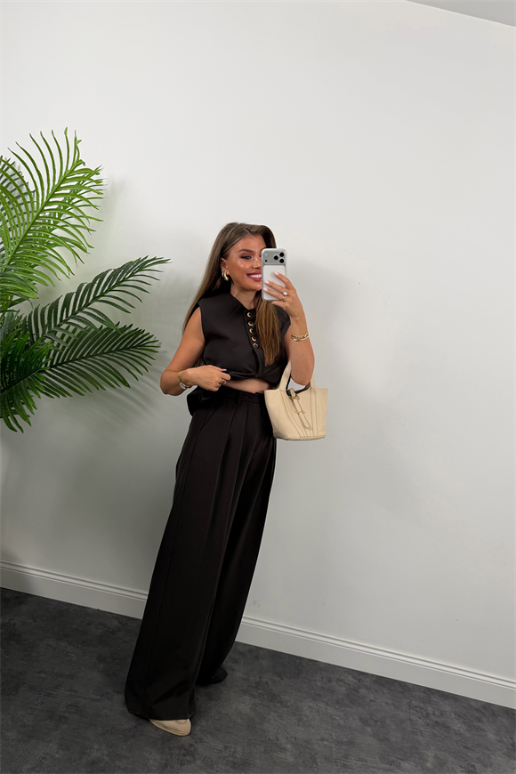 Premium Seri Yelek Palazzo 5 Düğmeli Poliviskon Takım Koyu Kahve