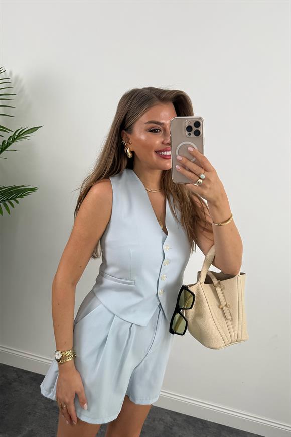 Premium Seri Yelek Şort Poliviskon Kumaş Takım Pastel Mavi