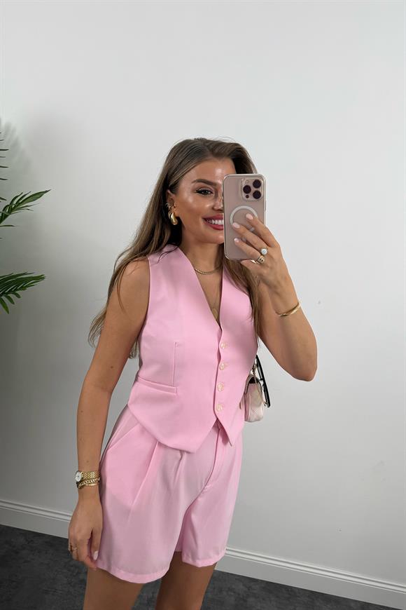 Premium Seri Yelek Şort Poliviskon Kumaş Takım Pastel Pembe